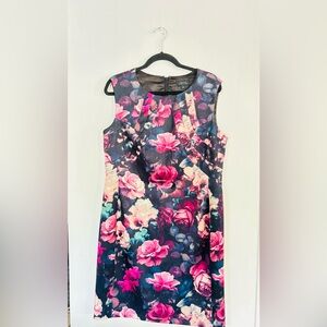 Tahari ASL Black and Pink Floral Midi Dress. Size 16